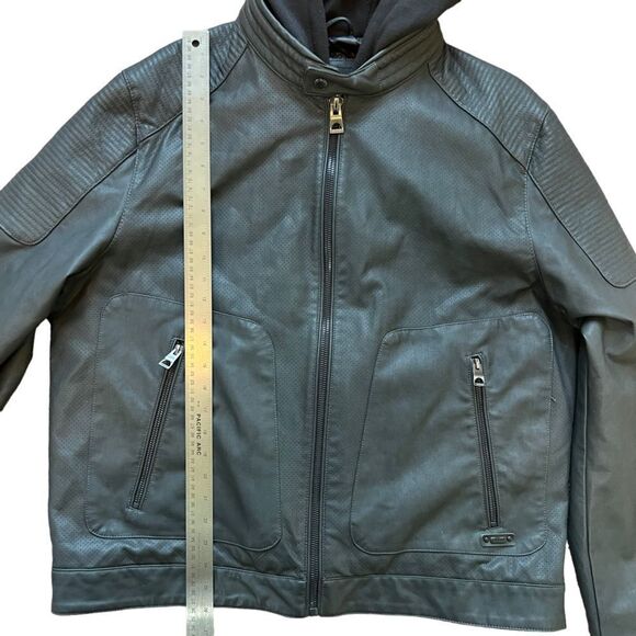 GUESS Black Hooded Lightweight Vegan Faux Leather Moto Zip Jacket - Picture 12 of 16